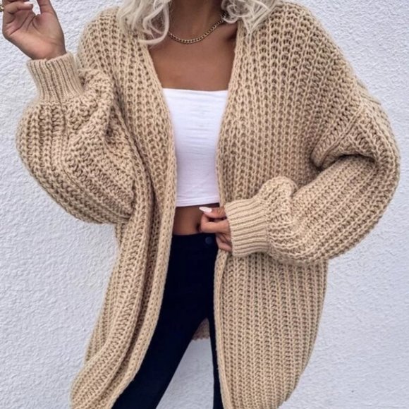 Chunky Knit Open front comfy cozy sweater Cardigan khaki - Picture 8 of 14